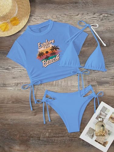 Image of Sexybody Women's 3 Piece Swimsuit Halter String Bikini Tie Side Mesh Short Sleeve Bathing Suits