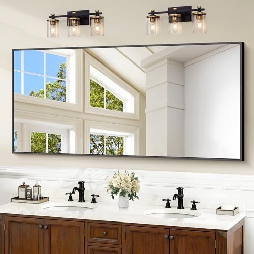 Image of COFENY Black Bathroom Mirror for Wall, 60x30 Inch Rectangle Mirrors with Metal Frame, Modern Vanity Wall Mirror Decor for Bathroom Living Room, Entryway Hangs Horizontal or Vertical