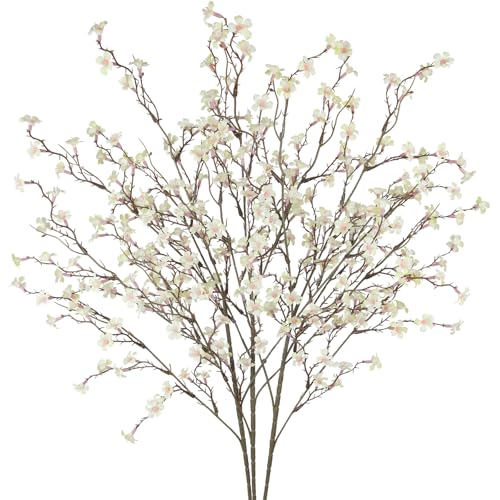 GhuaH 3 Pcs Cherry Blossom Branches Artificial Flowers for Spring Summer Indoor Decoration Faux Cherry Blossom Long Stems Creamy White Silk Fake Flowers for Tall Vase Arrangements Home Wedding Table