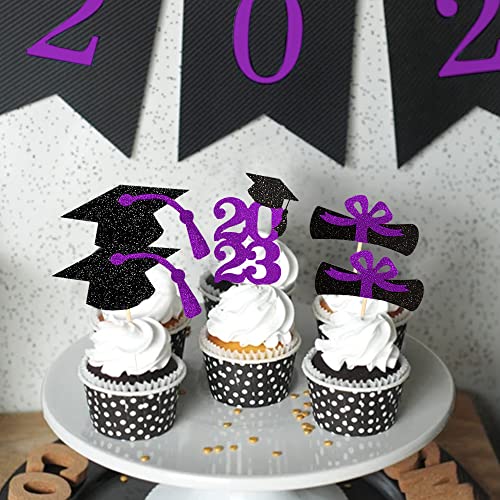 2023 Purple Glitter Graduation Cupcake Topper, Food/Appetizer Picks Class Of 2023 Graduation Party Supplies(24Pcs) #TOP4