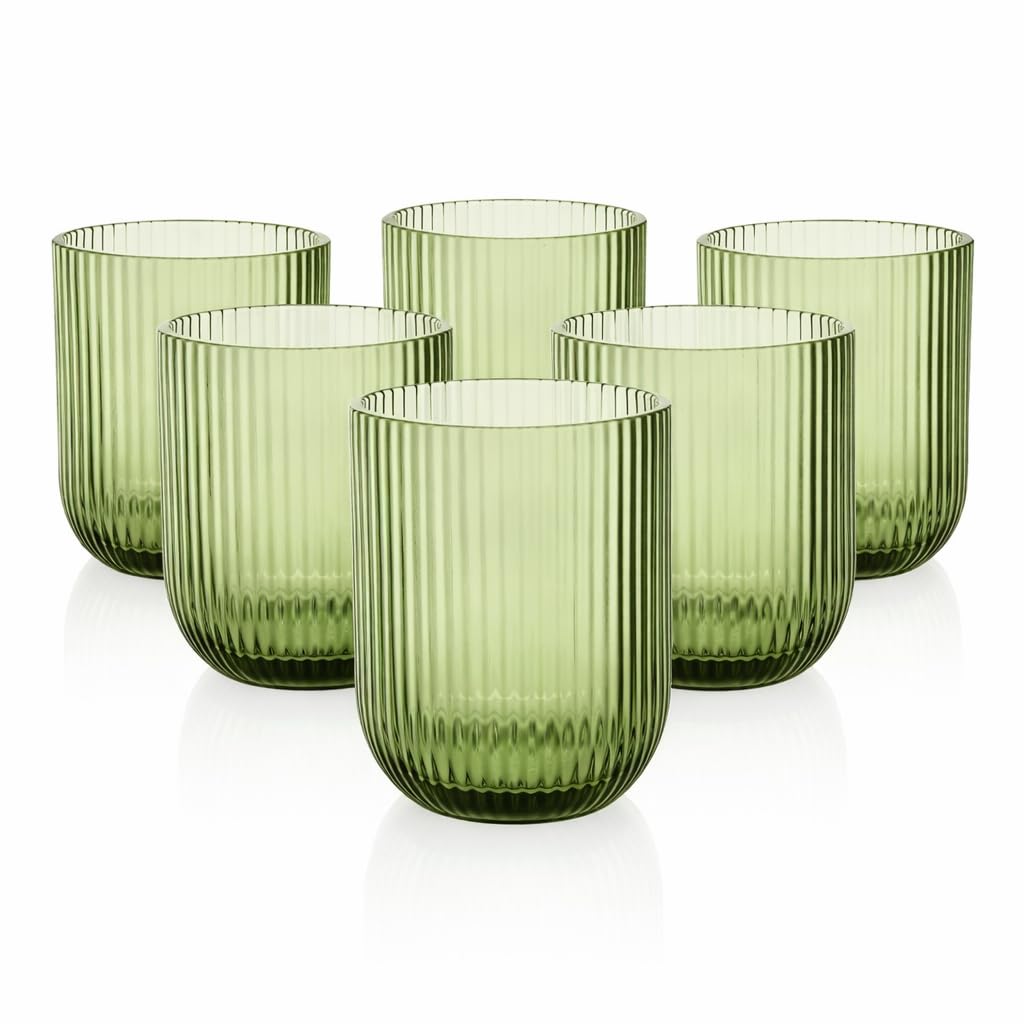 Set 6 Bicchieri Vetro Rigato 300 ml – Bicchieri Acqua e Cocktail Design Moderno, Bicchieri Colorati Eleganti per Tavola e Cucina, Resistenti Lavastoviglie, Tumbler in Vetro (Verde)