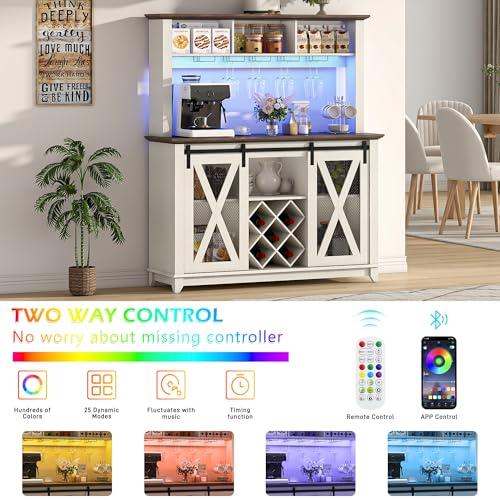 Image of Hlivelood 47 inch Wide 56 inch H Farmhouse Coffee Bar Cabinet with Power Outlet and LED Light,Wine Bar Cabinet w /3 Storage Hutch(White)