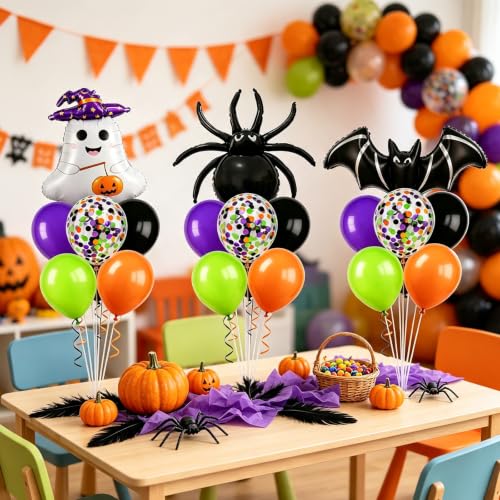 Image of 6 Sets Halloween Ghost Spider Bat Foil Balloon Stand Kits for Table Decor | Halloween Orange Black Green Purple Confetti Balloon for Haunted House Spooky Trick or Treat Party Table Centerpiece Supplies