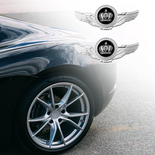 Image of 2PCS Wing Circular Crown Emblems,Crystal Diamond Crown Car Stickers Decals Decoration for All Car (Silver Black)
