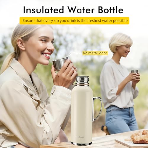 Image of 34 oz Insulated Water Bottle, Double Wall Vacuum Stainless Steel Water Flask Jug with Handle & Metal Mechanical Temperature Measuring Cup Lid, Leakproof Travel Bottle Keep Cold 36h Hot 24h