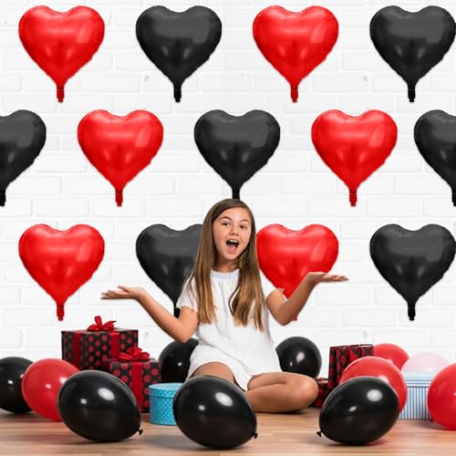 Image of Red Black Heart Balloons, 10 Pcs Metallic Heart Shaped Balloon, 18 Inch Red and Black Foil Balloons Helium for Engagement Brithday Bridal Baby Shower Wedding Engagement Valentines Party Decorations