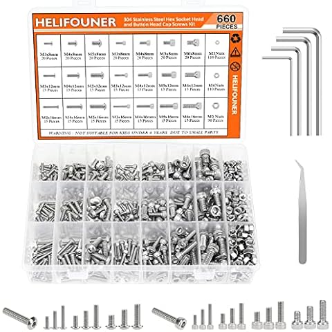 HELIFOUNER 660 Pieces M3 M4 M5 M6 Hex Socket Head Screws and Button Head Socket Cap Screws Nuts Assortment Kit, 304 Stainless Steel Cover