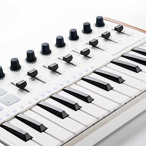 Vangoa Worlde Midi Keyboard Controller 25 Key, Worlde Tuna Mini Usb Portable Beat Maker Machine, Midi Keyboard With Drum Pads For Beginners, 8 Knobs, 8 Faders, Pedal Interface, White #TOP7