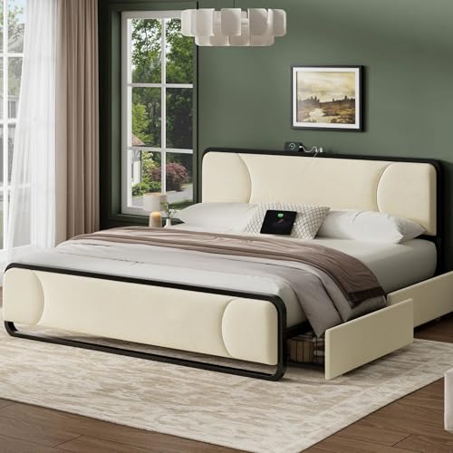Consejos para Comprar Cama Doble Matrimonial favoritos de las personas. 45 HOMELYA Base Cama King Size con Cabecera De Terciopelo y Marco de Metal - Cabecera King Size con Estación De Carga - 2 cajones inferiores para almacenamiento - No necesita Somier...