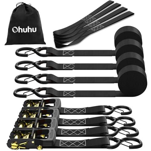 Ohuhu Spanngurte mit Ratsche und Haken 4 Stück - 4 cm x 4 6 m 1500 kg Bruchlast Ratschen Set - Ratschengurt 2-Teilig - Zurrgurte Schwarz mit Sicherheits-S-Haken für LKW Ladung Umzüge Geräte