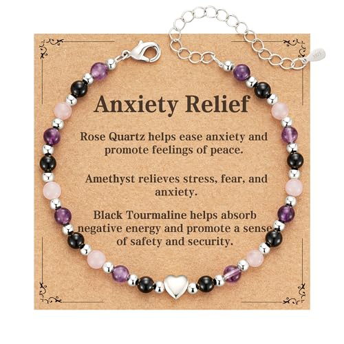 Crystal Gifts S925 Sterling Silver Bracelet for Women Ladies Healing Anxiety Relief Amethyst Rose Quartz Black Tourmaline Menopause Friendship Beaded Gemstone Jewellery Birthday Gifts for Girls