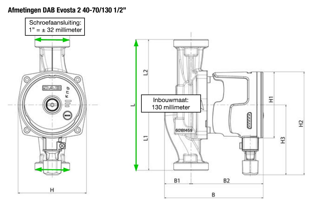 Dab 60186047 POMPA ELETTRONICA PER RISCALDAMENTO E CONDIZIONAMENTO EVOSTA 2 DAB 40-70/130 (ATTACCHI POMPA 1")