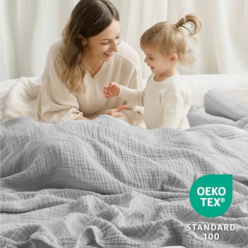 100% Cotton Muslin Blanket Twin 66" x 90", Breathable and Lightweight Cotton Twin Blankets for Couch, Soft Cooling Summer Gauze Blanket for Adults All Season, Light Grey