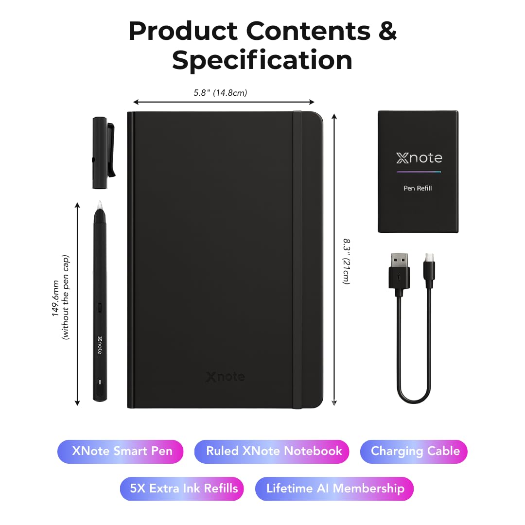 XNote Smart Pen & Notizbuch Starter-Set – KI-gestützte Digitale Notizen, Schreiben auf echtem Papier mit App-Synchronisation, Notizbuch, 17 Std. Akkulaufzeit, Offizielles Bundle inkl. 5 Tintenminen
