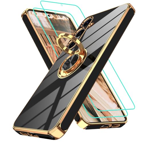 Gritup for Samsung Galaxy S24 Plus Case: with 2Pcs Screen Protector, 360° Rotation Ring Holder Magnetic Kickstand Plating Gold Edge Soft TPU Shockproof Protective Cover for S24 Plus, Black