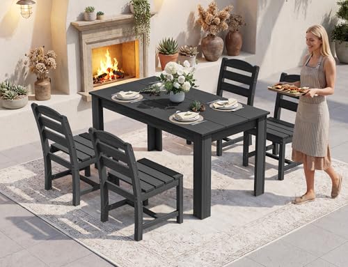 Image of SERWALL 59 inch HDPE Outdoor Dining Set for 6, w / 1 Table & 6 Chairs, Black | Armless Patio Dining Sets for All Weather Use