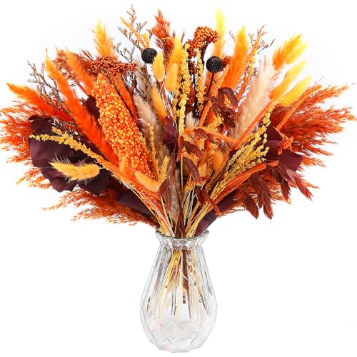 Songjum 59 Stück Natürliche Getrocknete Pampasgras Herbststrauß Dekoration Orange Trockenblumen für Herbst Hochzeitsdeko Boho-Blumen Tischdekoration Hause Rustikale Bauernhausparty