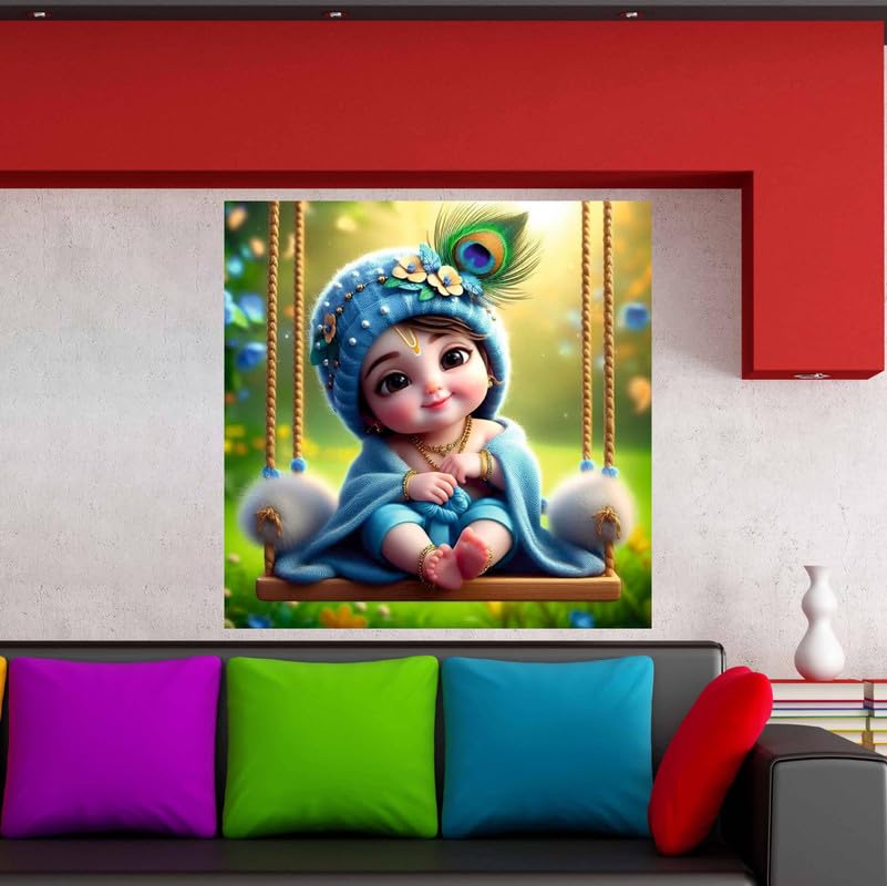 Image of British Terminal Cute little Bal Gopal Baby God Krishna| Kanha Ji | Laddu Lord Makhan Chor Painting Religious Poster for Pregnant Women for wall (matt thin vinyl,sticker,multicolor,unframed)| bj14
