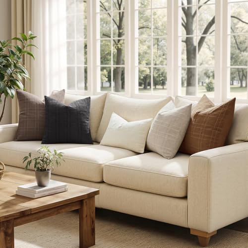 Image of MIULEE Decorative Linen Check Euro Shams Throw Pillow Covers Neutral Farmhouse Vintage Pillow Covers 24x24 Set of 2 Boho Modern Winter Home Decor for Sofa Couch Bedroom Cushion Camel Brown