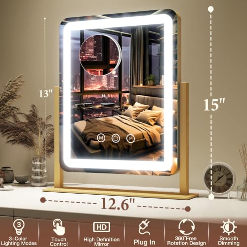FENNIO Vanity Mirror with Lights - 15"x12.6" LED Lighted Makeup Mirror, Large Makeup Mirror with Lights, Touch Screen with 3-Color Lighting, Dimmable, for Vanity Desk Tabletop, Bedroom Gold - image 7