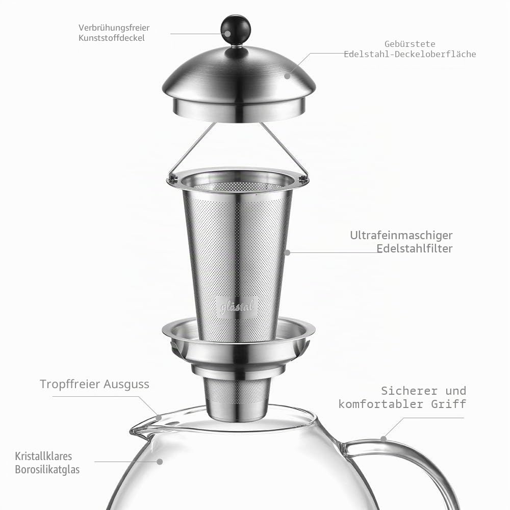 glastal Glas Silberne Teekanne 2000ml mit 18/8 Edelstahl Teesieb Borosilicate Glas Teebereiter auf Stove Glaskanne mit Entfernbar Seibskanne mit Entfernbar Seib
