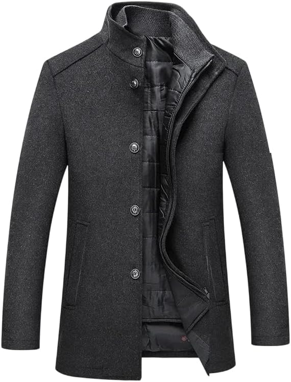 Men's Single-Breasted Winter Long Wool Trench Coat, Warm Jacket