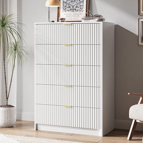 Image of MAISONARIA 5 Drawer Dresser for Bedroom, Tall Dresser Chest of Drawers with Gold Handles, 32 Inch Wide Nightstand with for Bedroom, Living Rooms, Offices, and Entryways, White