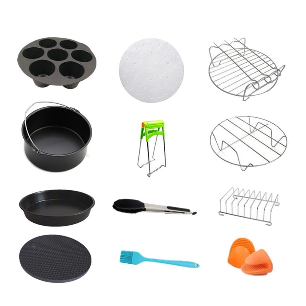 Ensemble d'accessoires essentiels pour friteuse à air chaud (12 pièces) : moule à pizza de 18 cm, pinces, tapis en silicone, ustensiles de cuisson,