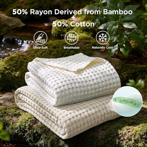 Image of Bedsure Cooling Cotton Waffle Queen Size Blanket - Lightweight Breathable Soft Blanket of Rayon Derived from Bamboo for Hot Sleepers, Luxury Throws for Bed, Couch and Sofa, Linen, 90x90 Inches