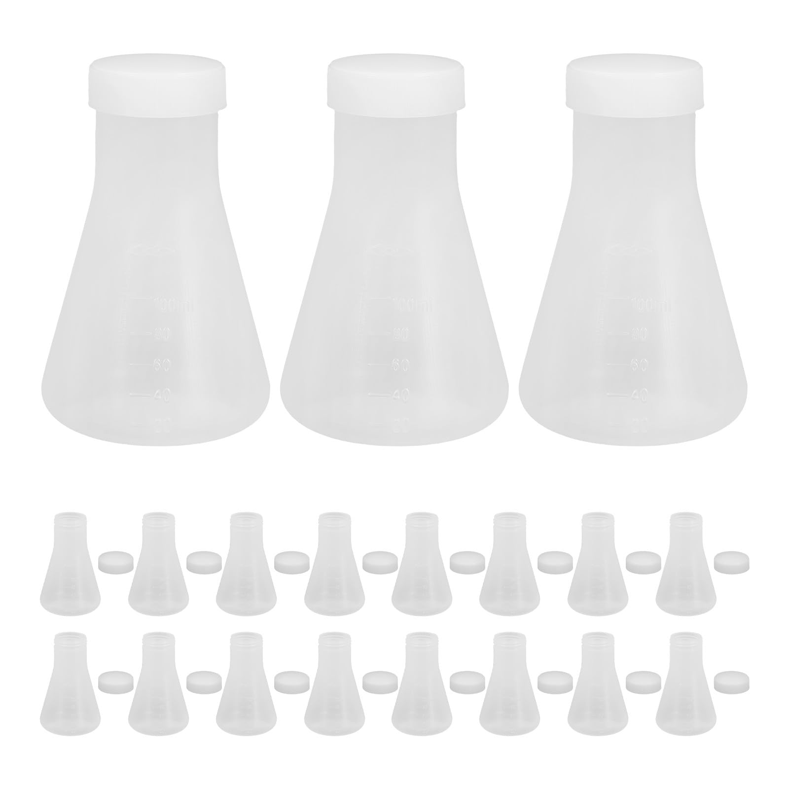 20 Matraces Erlenmeyer de Plástico Blanco de 100ml con Tapa | Diseño Cónico Hermético, Uso Repetido, para Investigación y Entornos Biológicos
