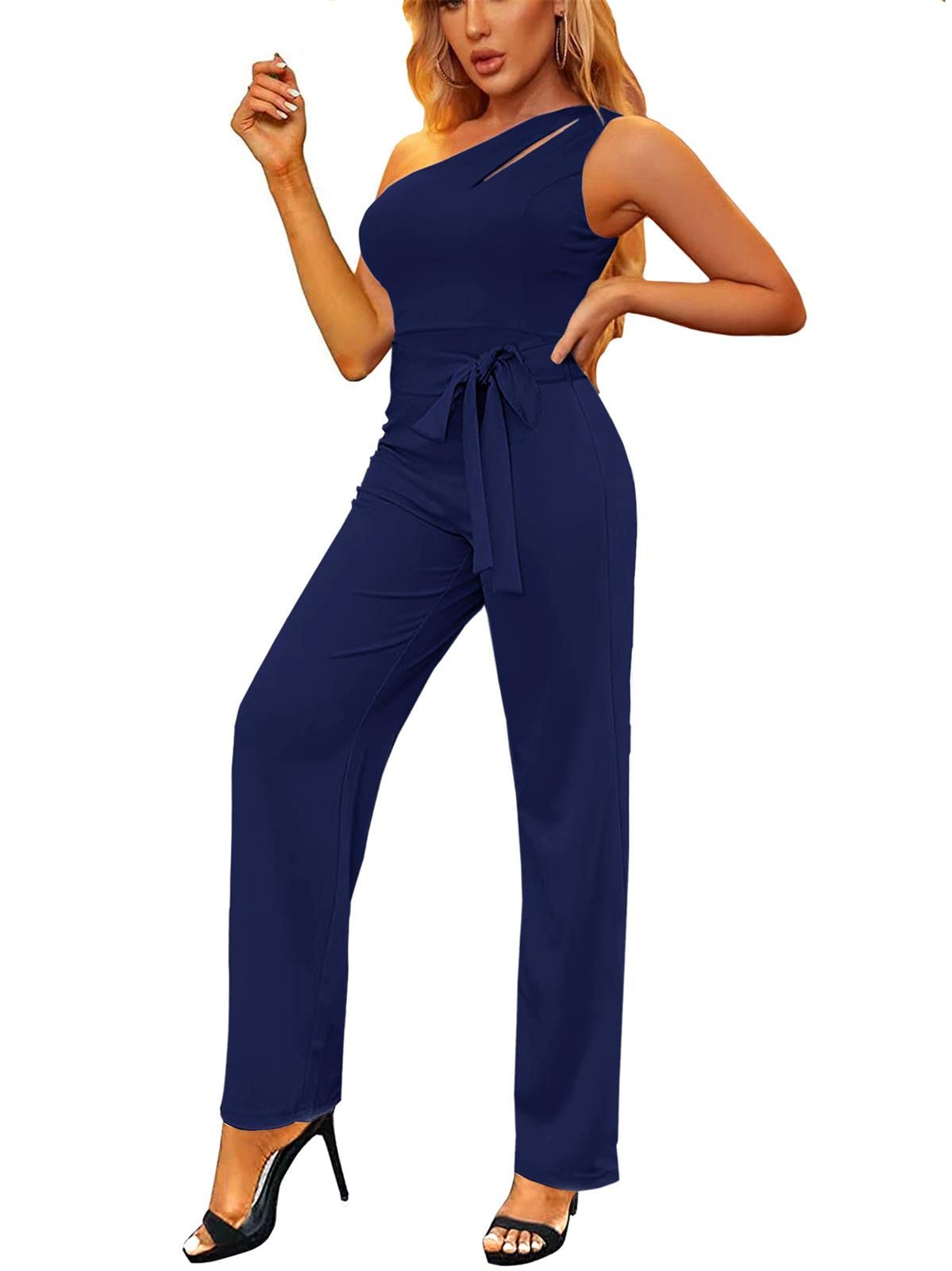 Generic Mono para las mujeres de verano de un hombro sin mangas Recorte Traje Casual Cinturón Ancho Pierna Mameluco