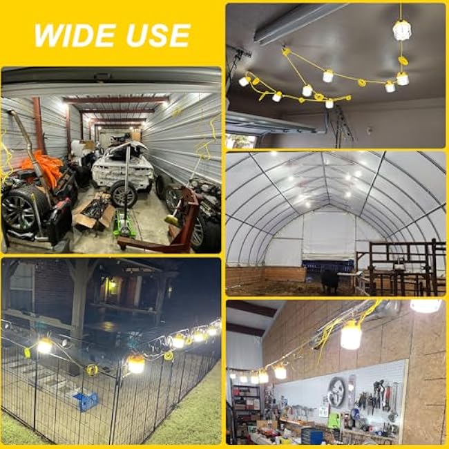 50FT Led String Work Light 75W 7500LM Waterproof Construction String Lights Linkable Temporary Work Lighting Outdoor Indoor Worklight (5 Light)
