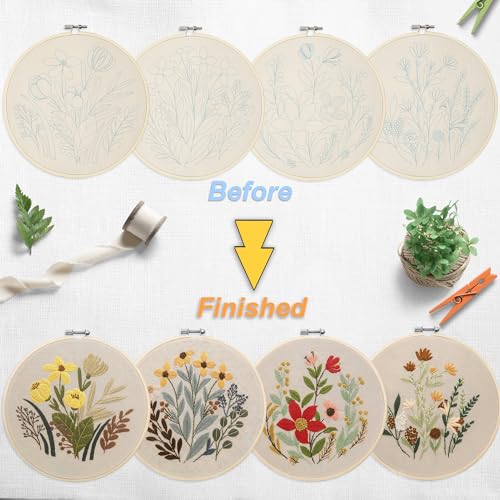 Image of Bonroy 4 Sets Embroidery Set for Beginners, Art Craft, Easy Sewing, Includes Embroidery Clothing, Pattern, Embroidery Hoop, Instruction Manual, Colorful Thread Stitch Set (11)