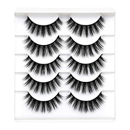 Yawamica Natural Eyelashes 5 Pairs Short False Eyelashes Thick Crossed Faux Mink Lashes Pack 3D Lashes Light Volume Fluffy Fake Eyelashes Soft Curled Reusable Mink Eyelashes Makeup Eye Lashes