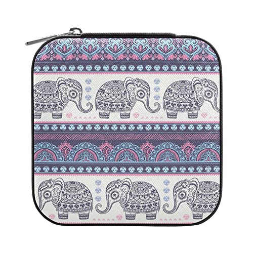 Joyero organizador de viaje, diseño geométrico de elefante floral indio, pequeño, portátil, para anillos, aretes, collares, pulseras, de piel sintética, mini cajas de almacenamiento de joyas para