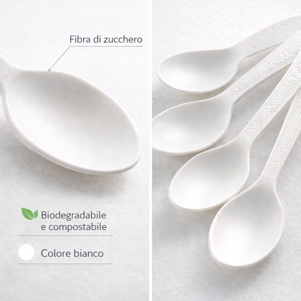 Cucchiai biodegradabili e compostabili Posate in Fibra di Zucchero Bianche 120 Pezzi 10 Confezioni Eco Friendly
