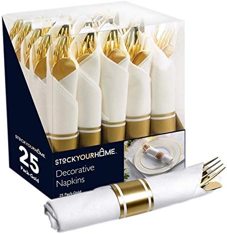 Pre Rolled Plastic Silverware Sets for Parties (25 Pack) Gold Cutlery Set, Disposable Spoons, Forks, Knives, Napkins Prewrapped, Heavy Duty Utensils Individually Wrapped for Wedding, Thanksgiving