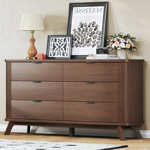 Image of HUAHUU Fluted 6 Drawers Dresser for Bedroom, 55 inch Mid Century Modern Dresser & Chests of Drawers, Curved Profile Design, Dresser TV Stand, for Entryway, Hallway, Walnut
