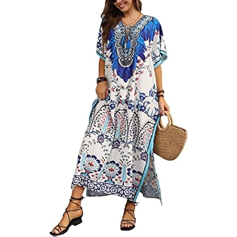 Bsubseach Women African Print Maxi Kaftan Dresses Plus Size Bathing Suit Cover Up Short Sleeve Caftan Dresse Blue Feather Print Cover