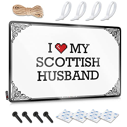 FZFN Letreros de pared geniales, colección Sweet con texto en inglés 'I Love My Scottish Husband', decoración de casa de campo (20 x 30 cm)