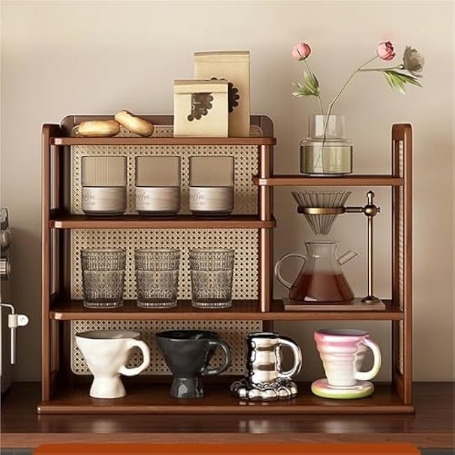 Kitchen Countertop Storage Rack Cup Holder Mug Organizer Display Rack Bamboo Multi-Layer Shelves with Rattan Decor for Dinning Room Study Office Elegant(Natural,50cm)