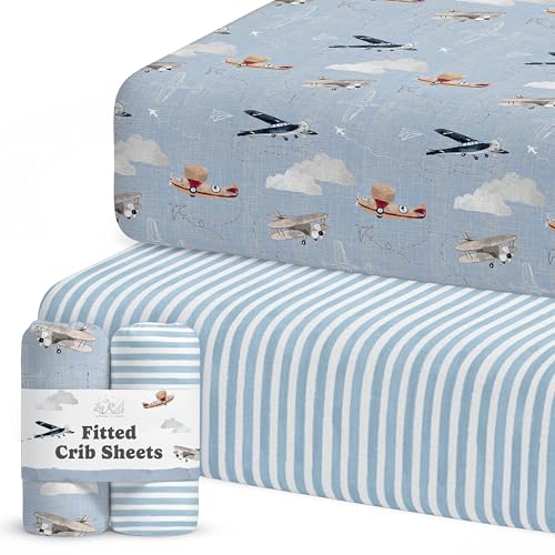 Image of Crib Sheets Neutral - Fitted Baby Crib Sheets Bed for Girl Boy - 2 Pack Standard & Toddler Mattress - Buttery Soft Organic Cotton Blend (Airplanes in The Clouds)