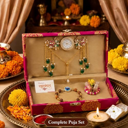 Image of Designer Set for Brother with Analog Wrist Watch, Matching, Rudraksha Evil Eye Rakhi, Roli Chawal & Gift Box | Raksha Bandhan Gift Hamper
