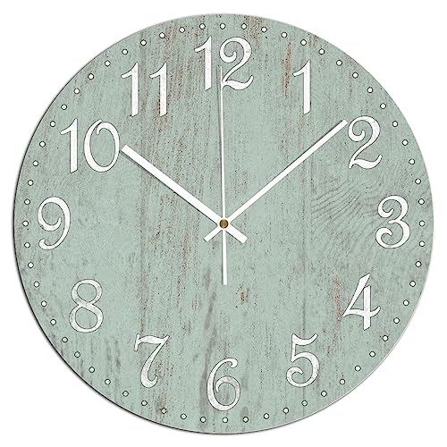 Wall Clock Silent Non Ticking Wooden Clocks Seafoam Green Clock Battery Operated 15in, Round Farmhouse Clock, Rustic Clocks Decor for Home Kitchen Office
