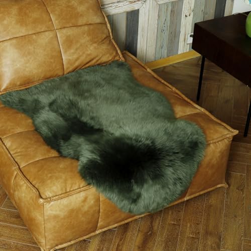 Premium Genuine Fur Sheepskin Rug Real Australia Sheepskin Natural Luxury Fluffy Lambskin Fur Area Rug Seat Covers for Kids Bedroom Sofa Chair Cover (Military Green, Single Pelt/2ft x 3ft)