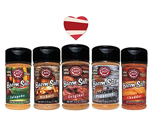 Bacon Salt Sampler Gift Set (5 Pack + Sticker) - Original, Hickory, Cheddar, Peppered & Jalapeno Bacon Flavored Salts Variety + Bacon Heart Sticker