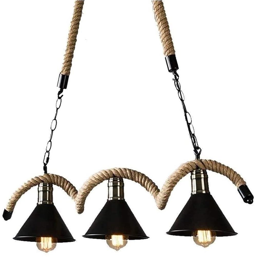 Bloohk One Color Industrial 3-Light Hemp Rope Chandelier, Vintage Rustic Pendant Light With Adjustable Cords, Farmhouse Hanging Ceiling Fixture For Kitchen Island, Bar