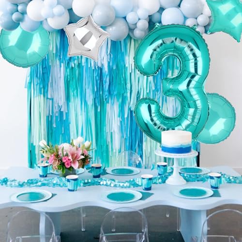 Image of Teal Blue Number 3 Balloons 40 Inch 3rd Birthday Mermaid Theme 5 Pcs | Big Helium Mylar Digital Balloon Anniversary Wedding Party Decor Supplies