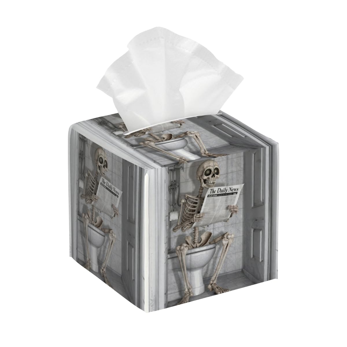 Tissue Box Cover Square Pu Leather Tissue Box Holder Waterproof Paper Organizer Dispenser for Bathroom Kitchen Bedroom Car Office Skull Read Newspaper