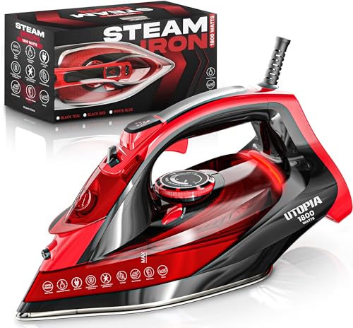 Steam Iron for Clothes - Non-Stick Soleplate - 1800W Clothes Iron - Adjustable tat Control, Overheat Safety, Variable Steam Control, Auto-Off, Self-Clean, 8 Feet Cord Red/Black